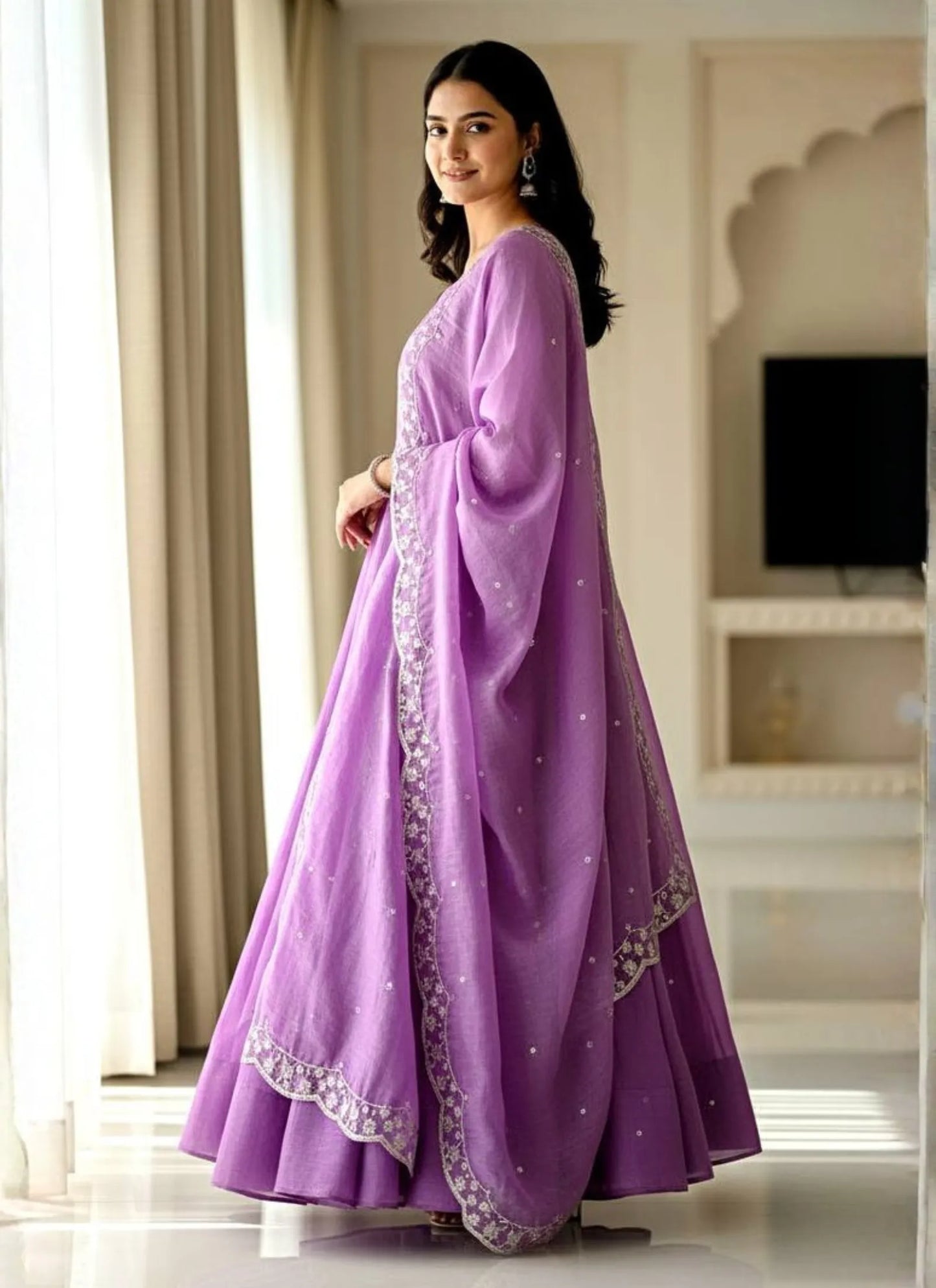 Embroidery Zari Work Silk Gown Purple