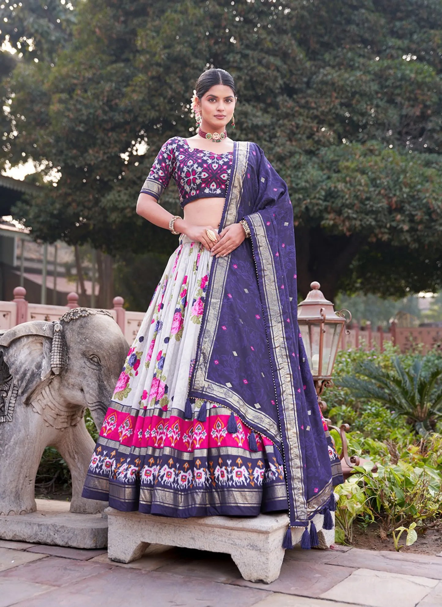 Navy Blue Floral Print Lehenga Choli