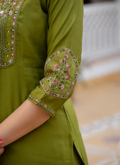 Olive Pure Viscose Designer Kurti Set