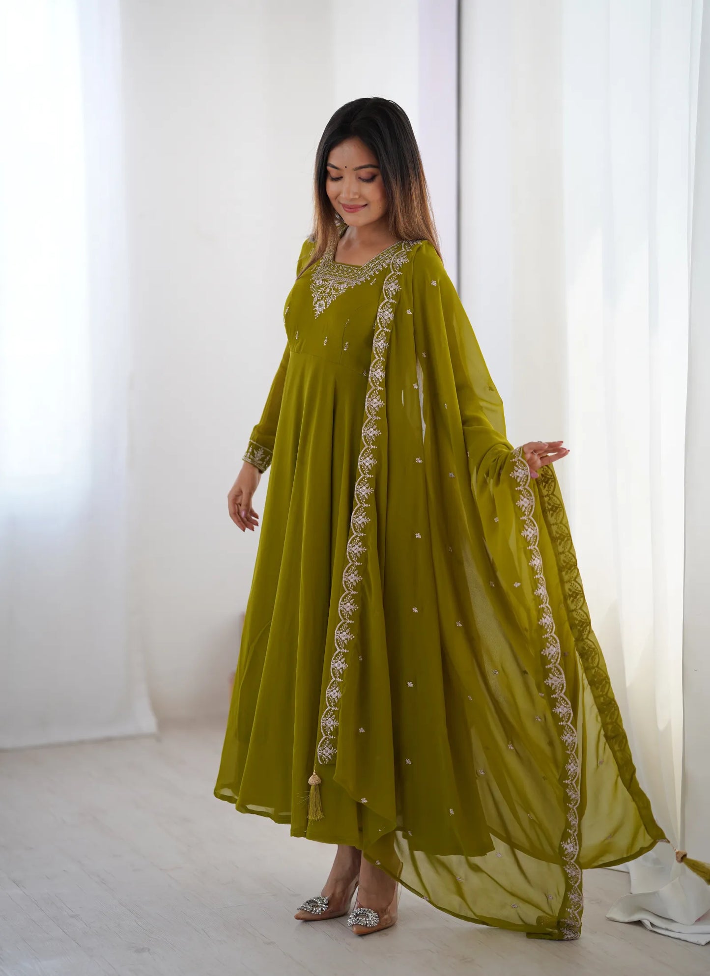 Pure Soft Fox Georgette Anarkali Mehndi