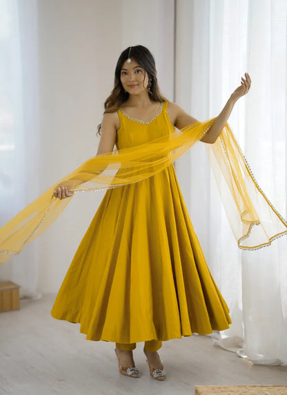 Pure Romansilk Chanderi Fabric Anarkali Yellow