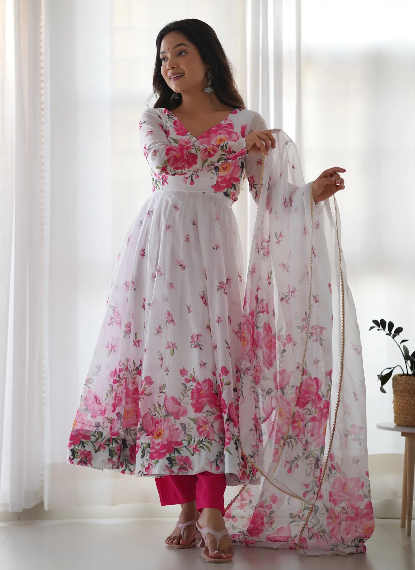 Pure Soft Organja Silk Anarkali White