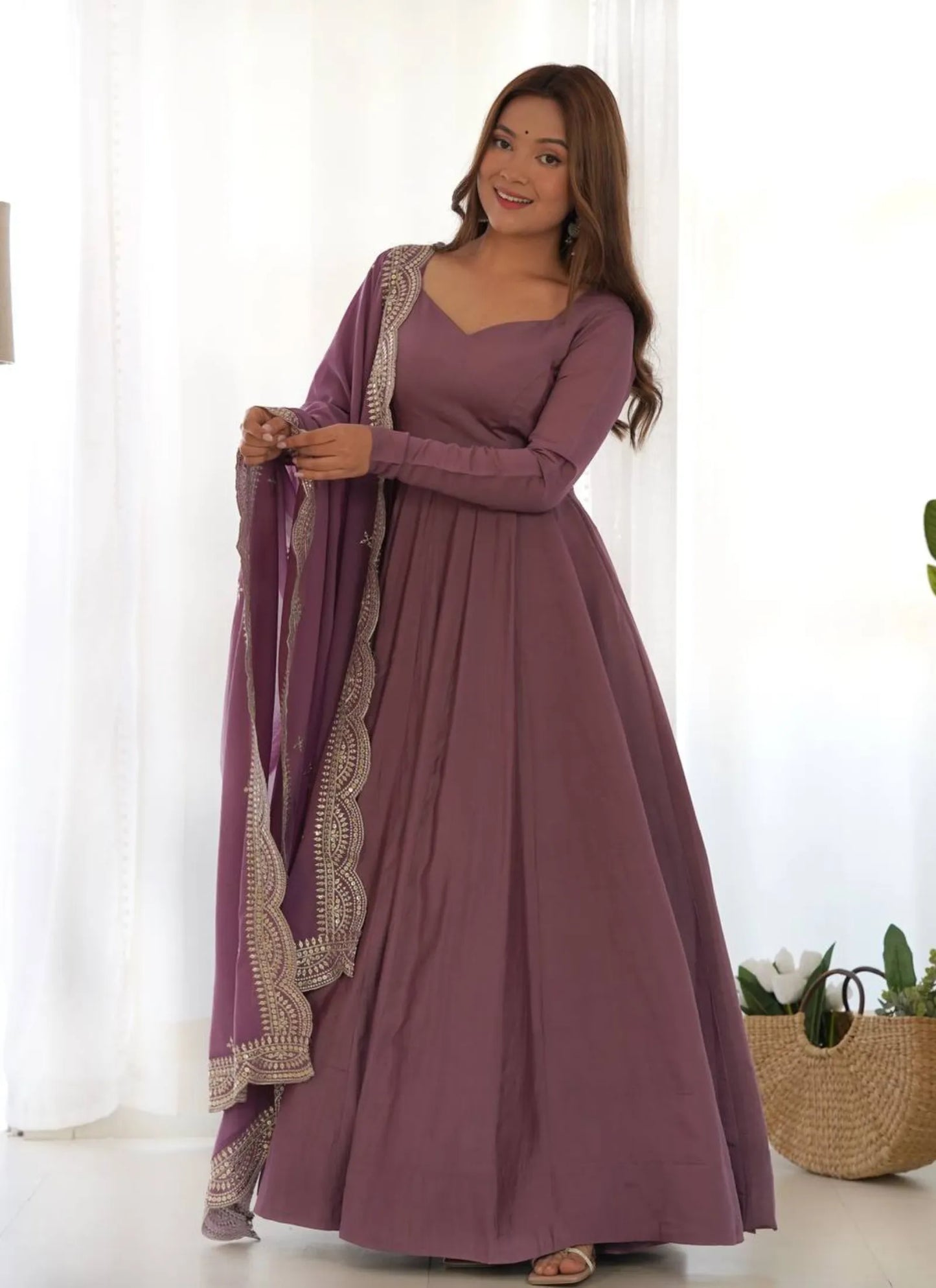 Pure Romansilk Chanderi Fabric Anarkali Mauve