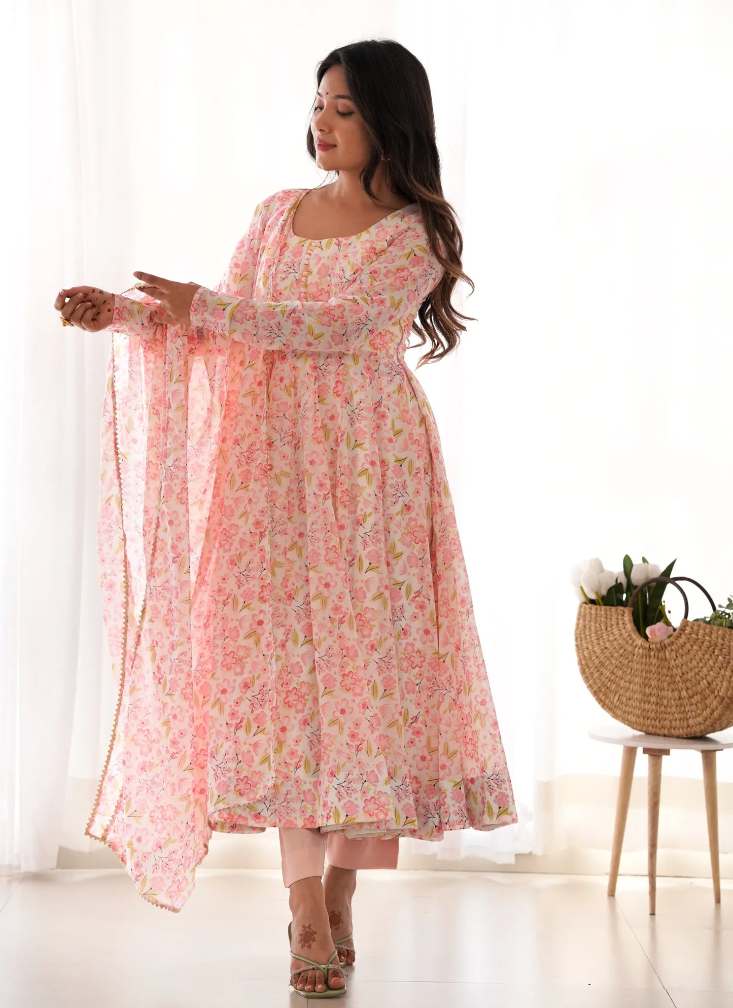 Pure Chiffon Floral Print Anarkali Peach