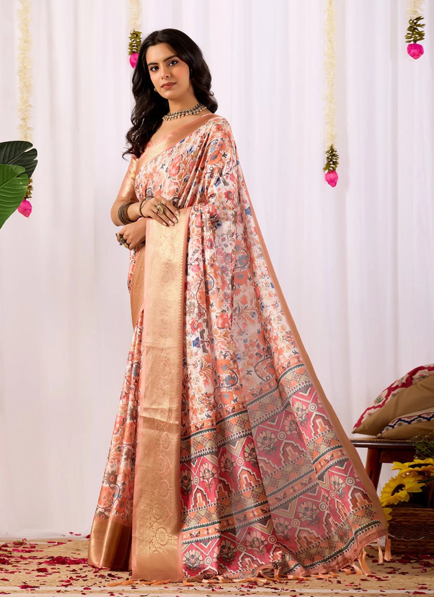 Intricate Floral Print Soft Lichi Silk Saree