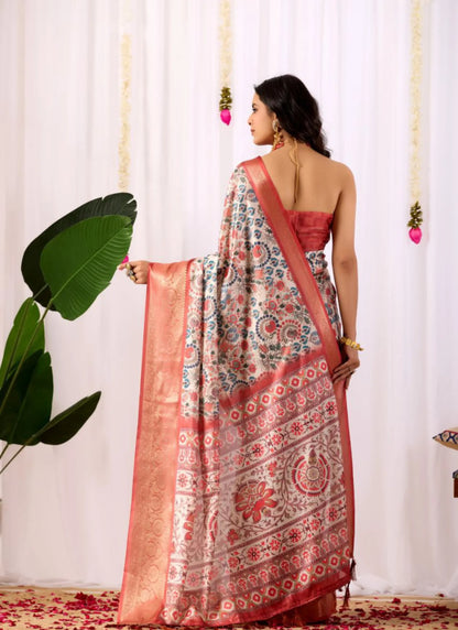 Geometric Prints Soft Lichi Silk Saree
