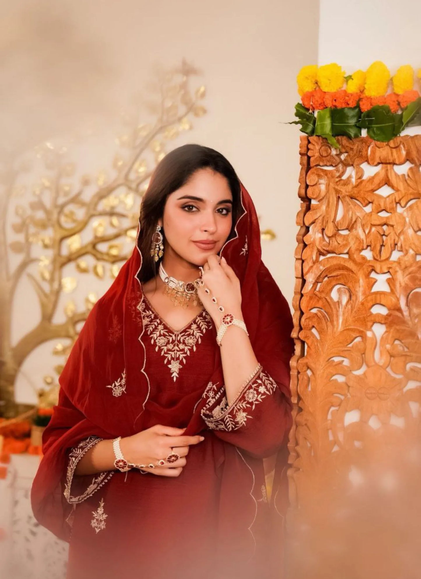 Premium Vichitra Silk Kurta Set Red