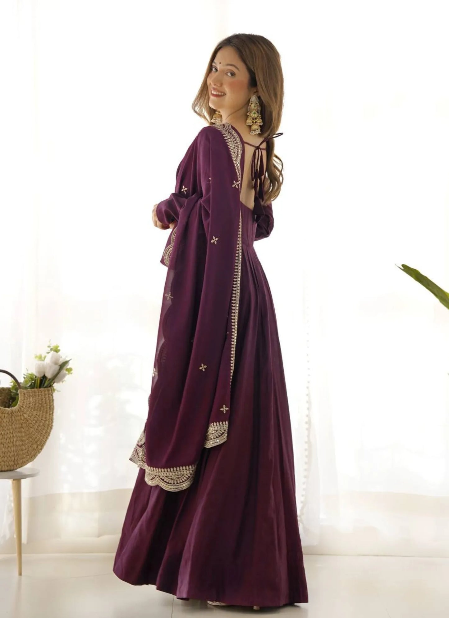 Pure Romansilk Chanderi Fabric Anarkali Wine