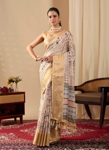 Ethnic Print Soft Lichi Silk Saree Beige
