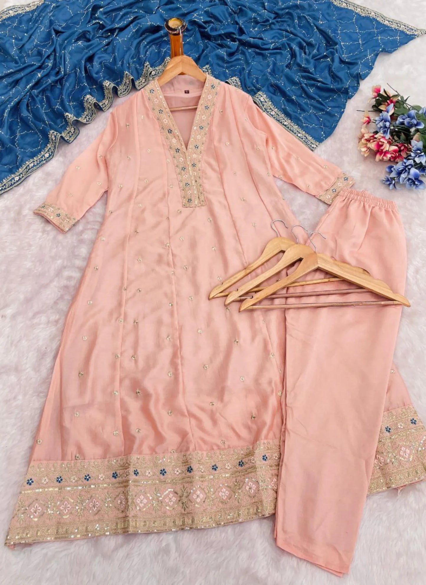 Premium Embroidery Anarkali Kurti Set Pink