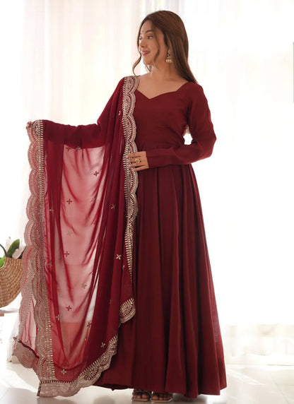 Pure Romansilk Chanderi Fabric Anarkali Maroon