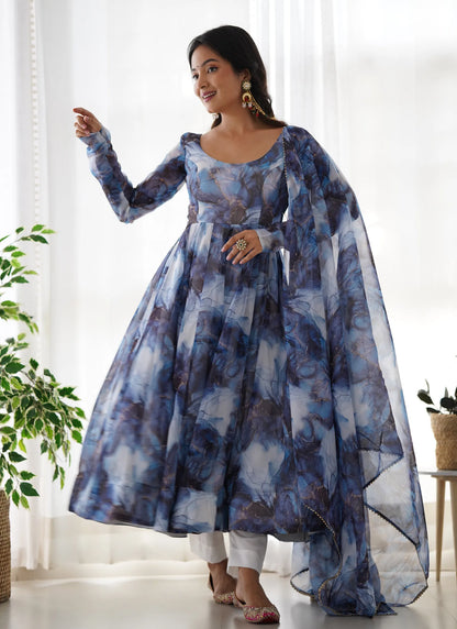 Pure Soft Organja Silk Marble Print Anarkali Navy Blue