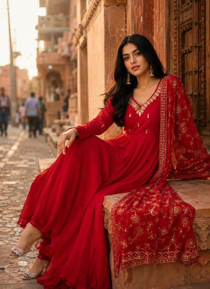 Red Elegant Embroidered Anarkali Suit