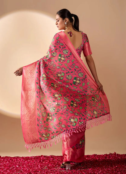 Floral Print Soft Lichi Silk Saree Pink