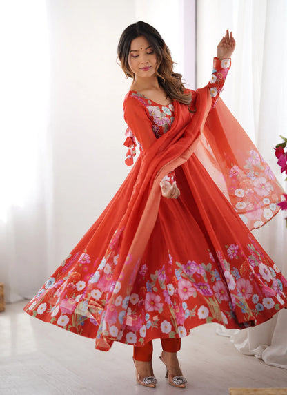 Pure Soft Organja Silk Anarkali Red