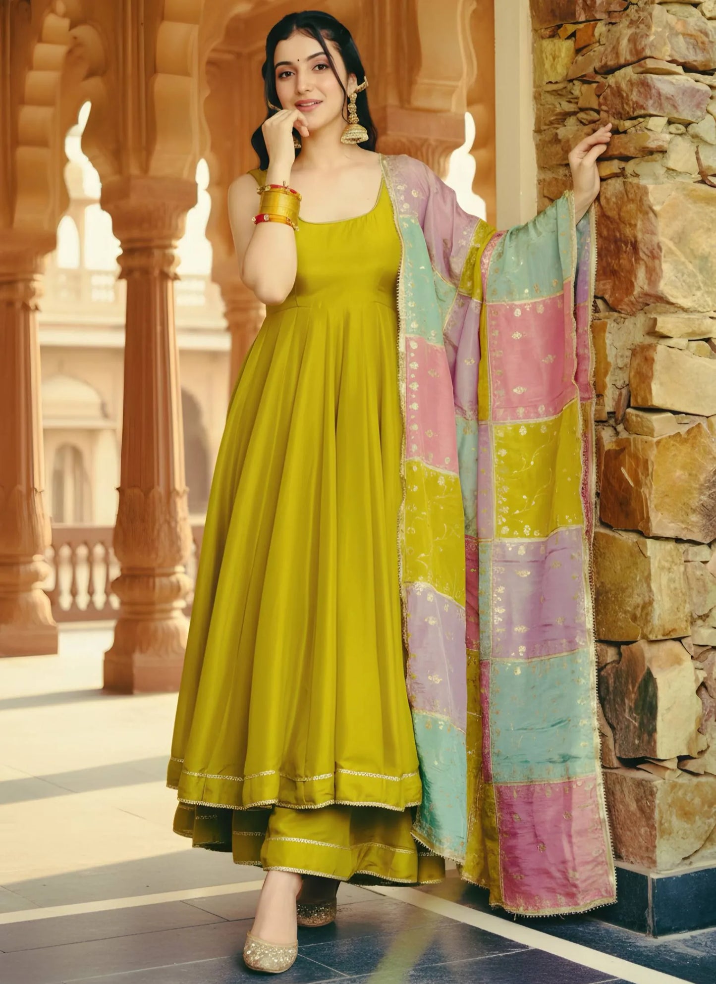 Mehndi Anarkali Suit With Multicolor Dupatta