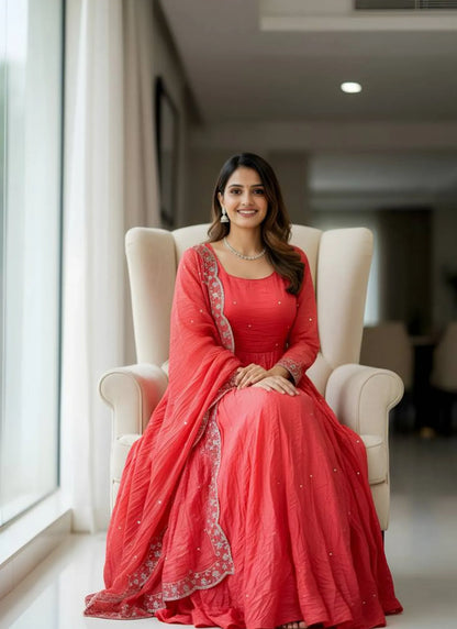 Embroidery Zari Work Silk Gown Red