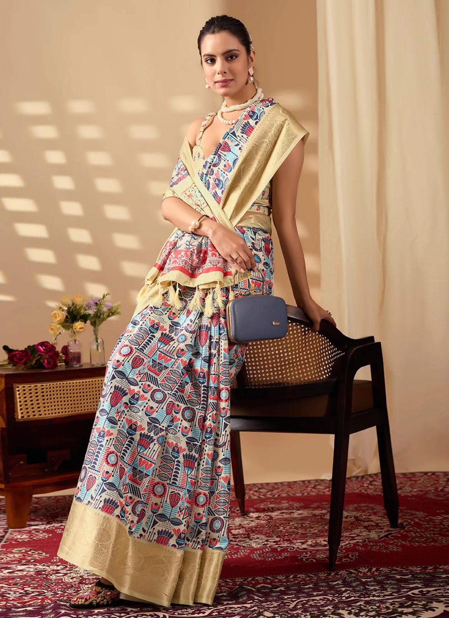 Artistic Multicolor Print Soft Lichi Silk Saree