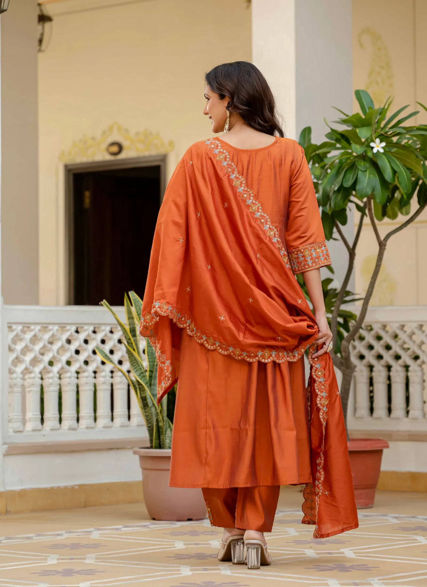Beautiful Roman Silk Anarkali Kurti Orange