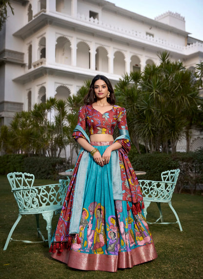 Beautiful Tusser Silk Lehenga Choli Sky