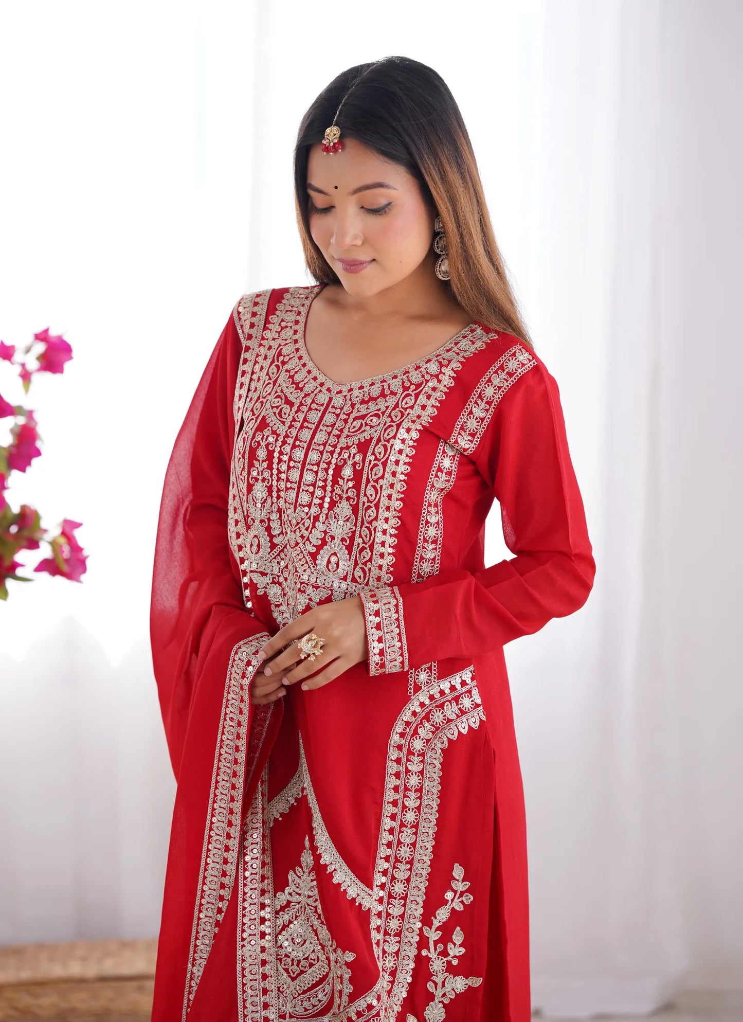 Pure Vichitra Silk Embridery Kurta Red