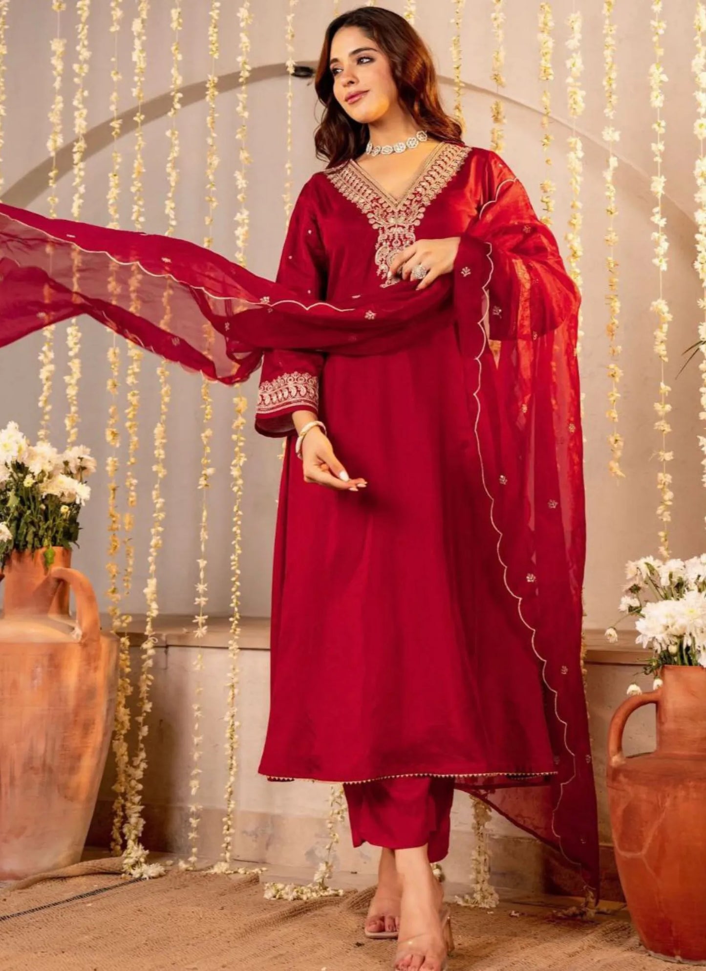 Premium Roman Silk Designers Kurta Set Red