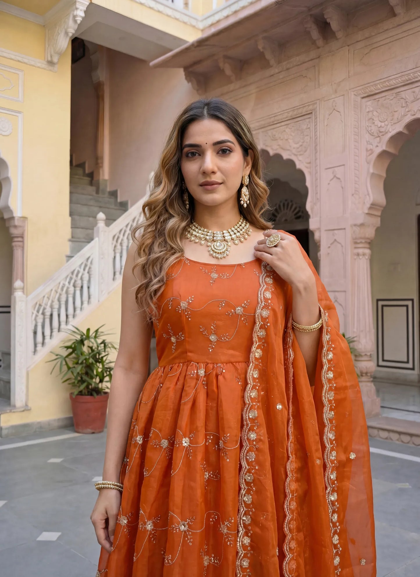 Orange Fandy Silk Embroidery Anarkali Gown