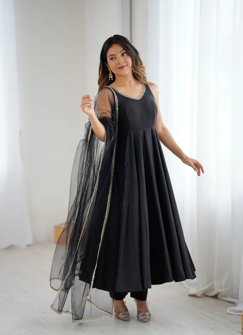 Pure Romansilk Chanderi Fabric Anarkali Black