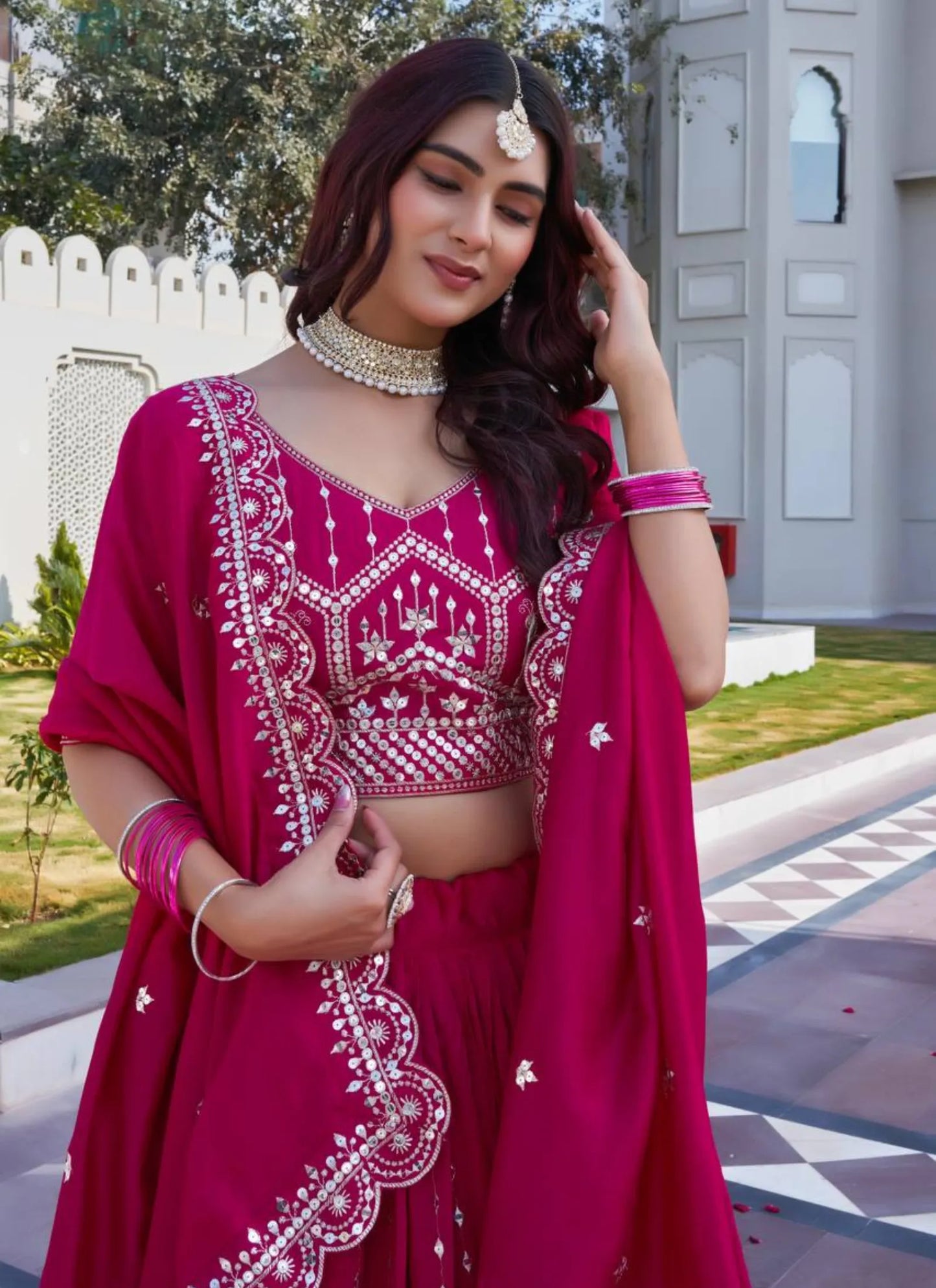 Pink Pure Vichitra Silk Embroidery Work Lehenga Choli