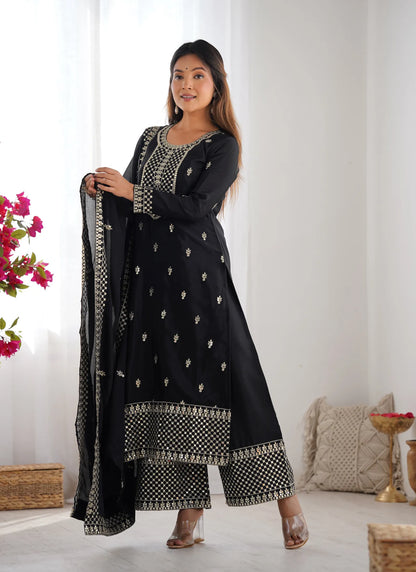 Pure Chinon Silk Embroidery Kurta Black