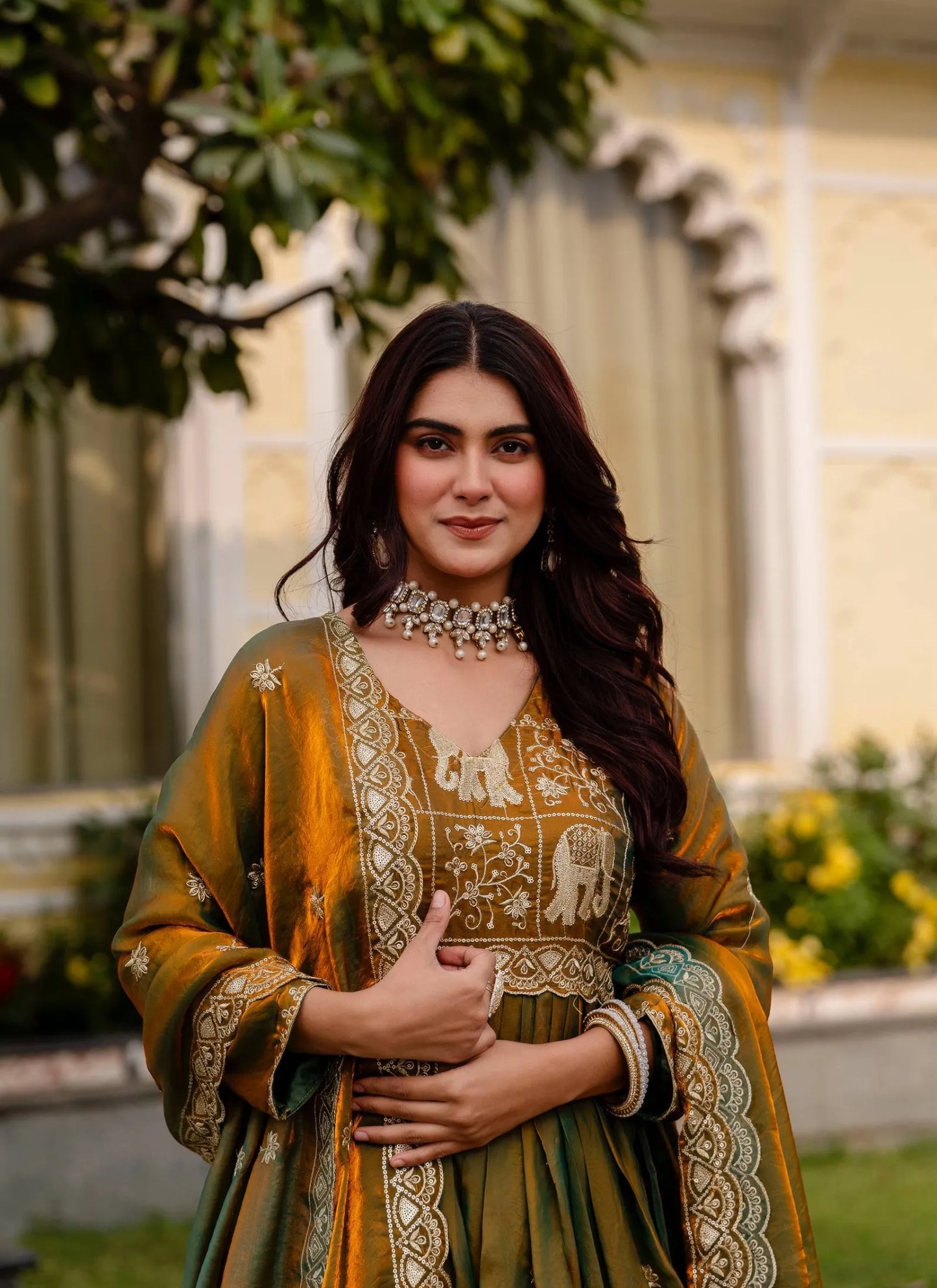Muddy Green Embroidered Fendy Satin Gown