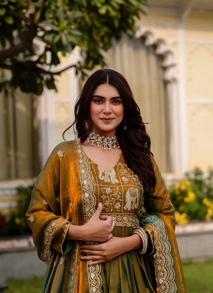 Muddy Green Embroidered Fendy Satin Gown
