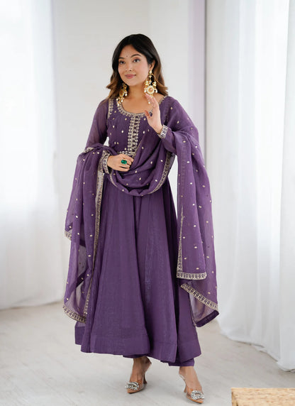 Pure Crunchy Silk Fabric Anarkali Suit Purple