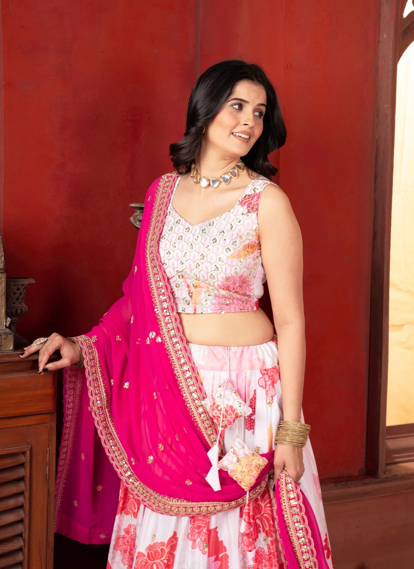 Floral Pink Chinon Silk Lehenga Choli