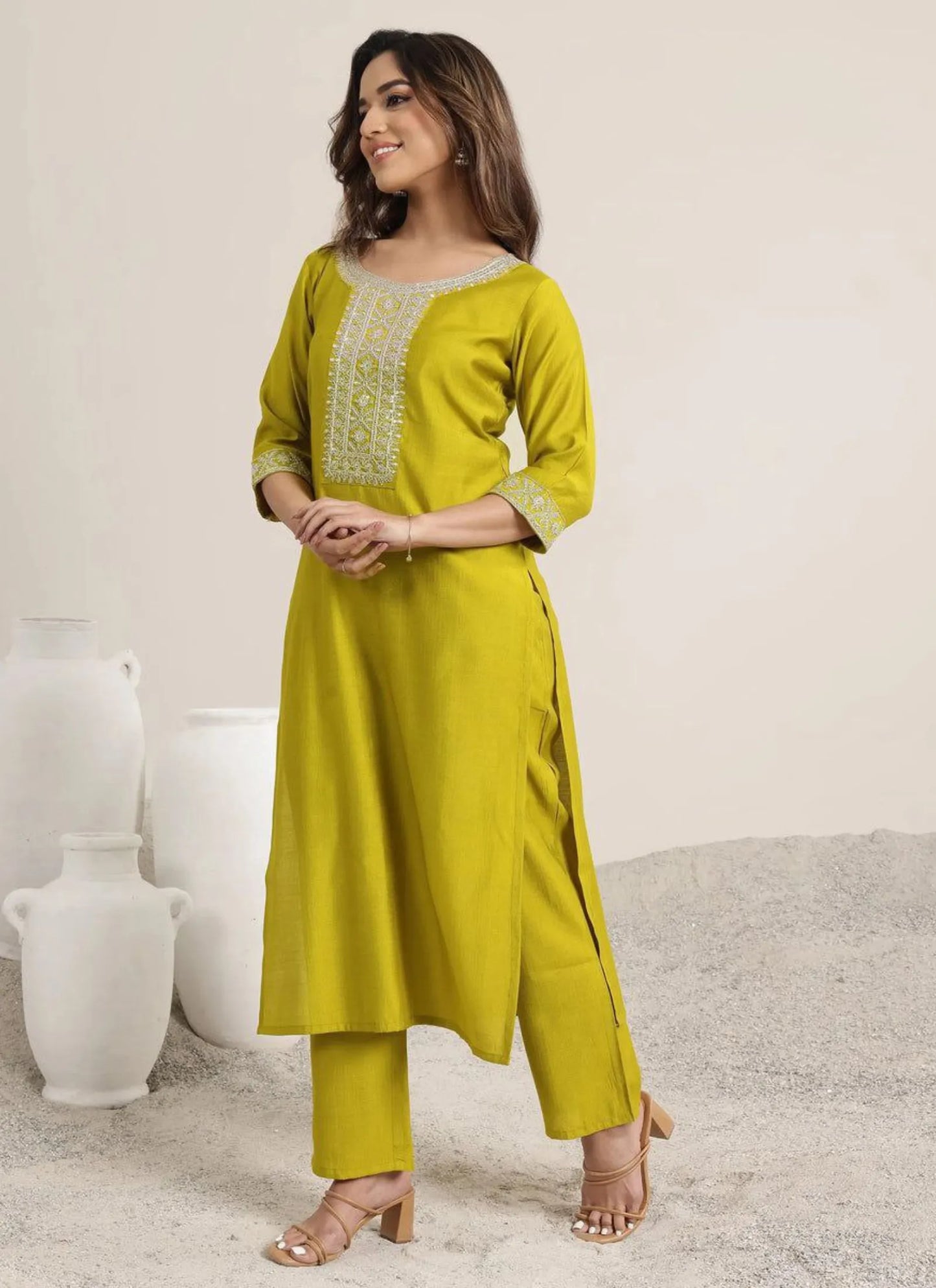 Premium Rayon Slub Kurta Set Yellow