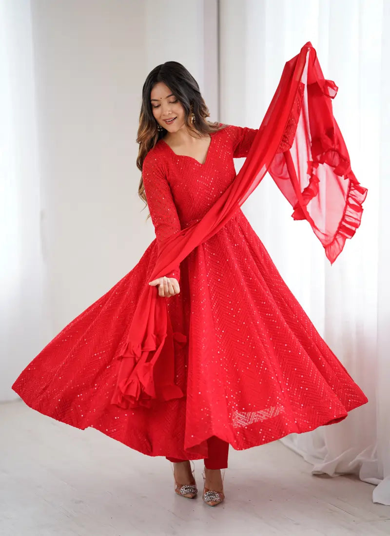 Classic Lucknowi Georgette Fabric Anarkali Suit Red