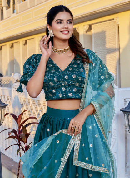 Rama Heavy Embroidery With Zari Thread Lehenga Choli