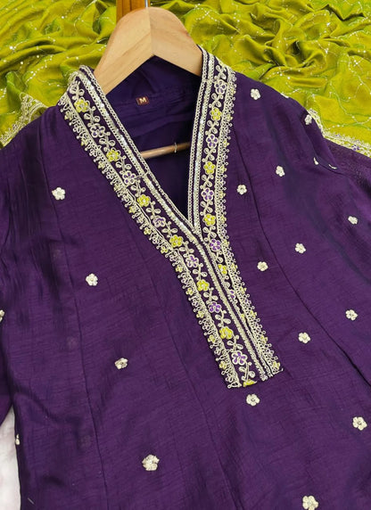 Premium Embroidery Anarkali Kurti Set Violet