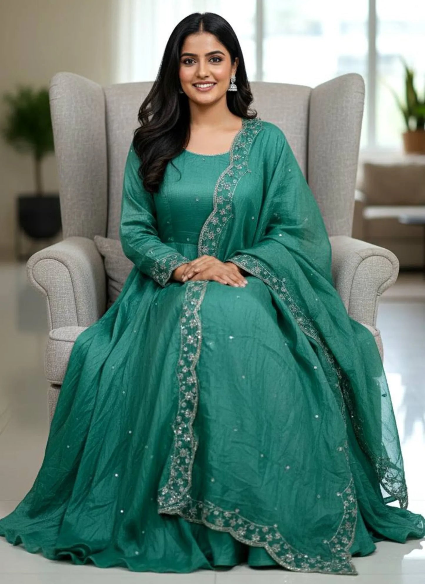 Embroidery Zari Work Silk Gown Teal