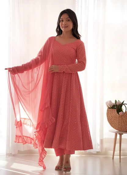 Classic Lucknowi Georgette Fabric Anarkali Suit Peach