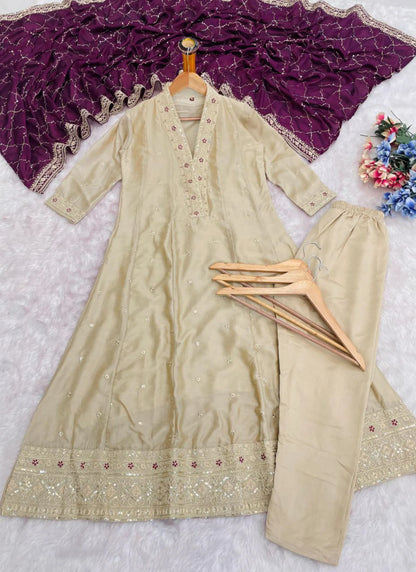 Premium Embroidery Anarkali Kurti Set Cream
