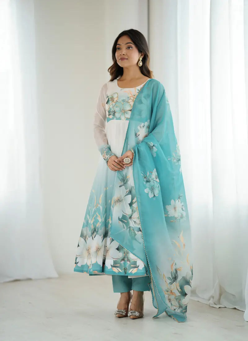 Heavy Pure Soft Organja Silk Print Anarkali Aqua Blue