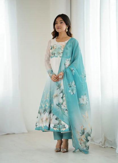 Heavy Pure Soft Organja Silk Print Anarkali Aqua Blue