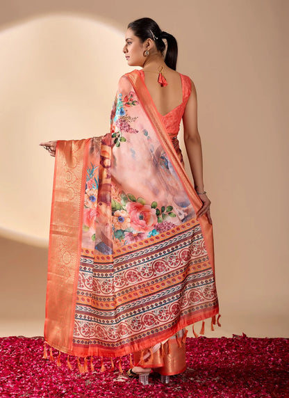 Floral Print Soft Lichi Silk Saree Orange