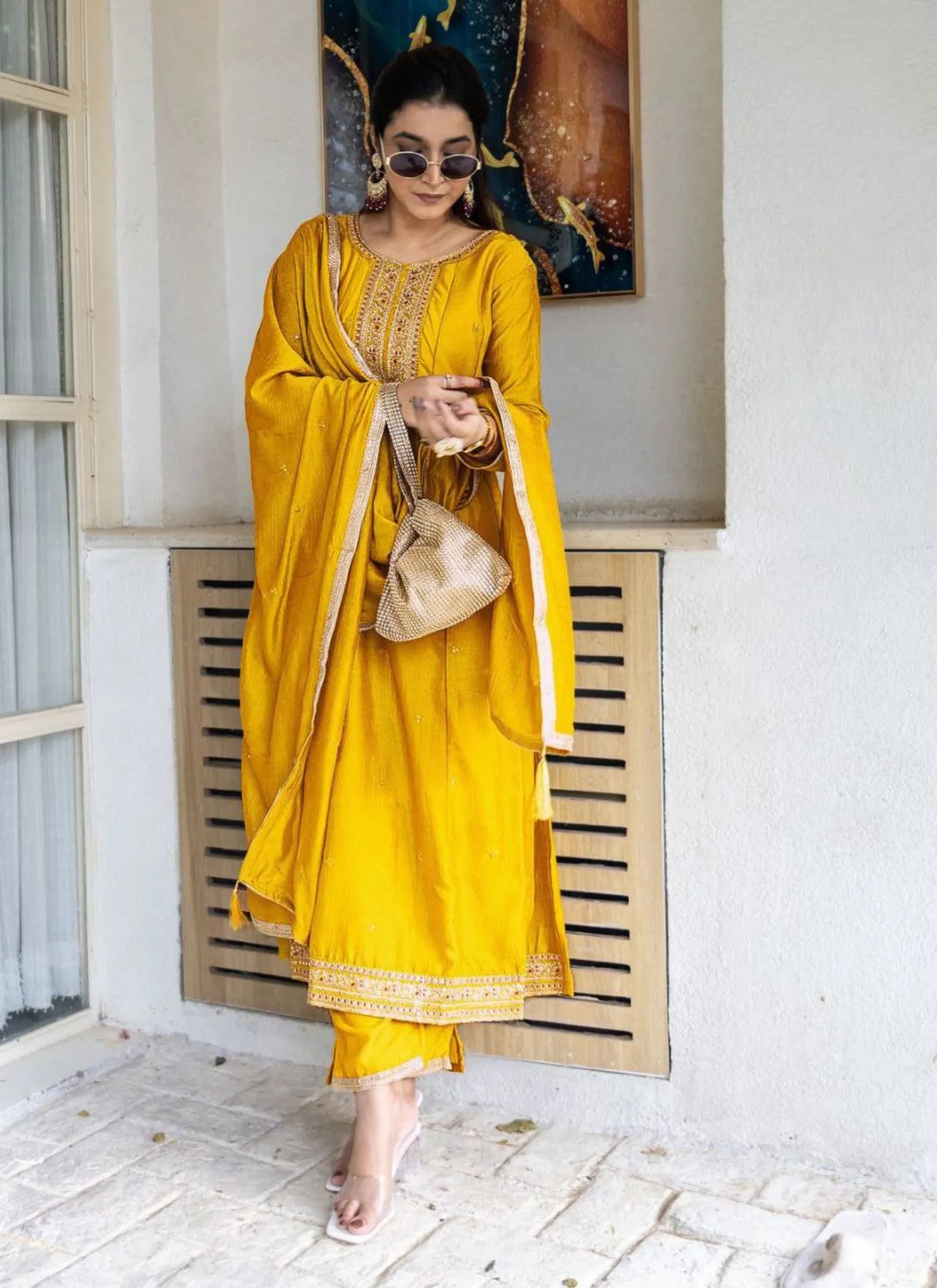 Designer Vichitra Silk Anarkali Kurti Yellow