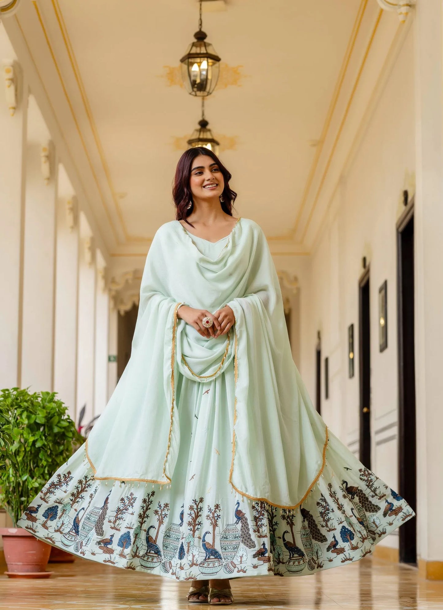 Green Embroidered Chinon Fabric Gown