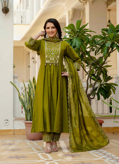 Beautiful Roman Silk Anarkali Kurti Mehndi
