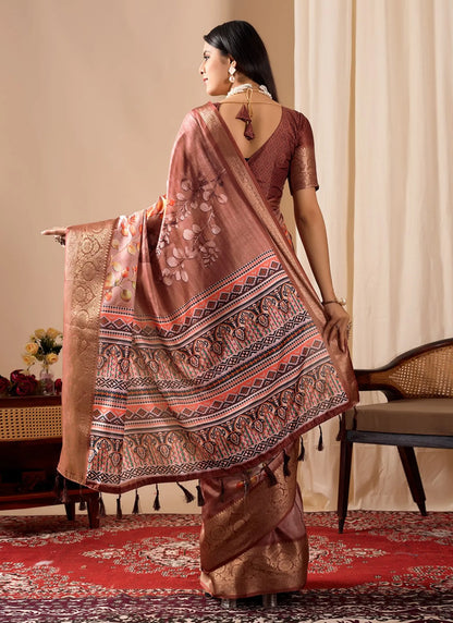 Premium Soft Lichi Silk Saree Brown