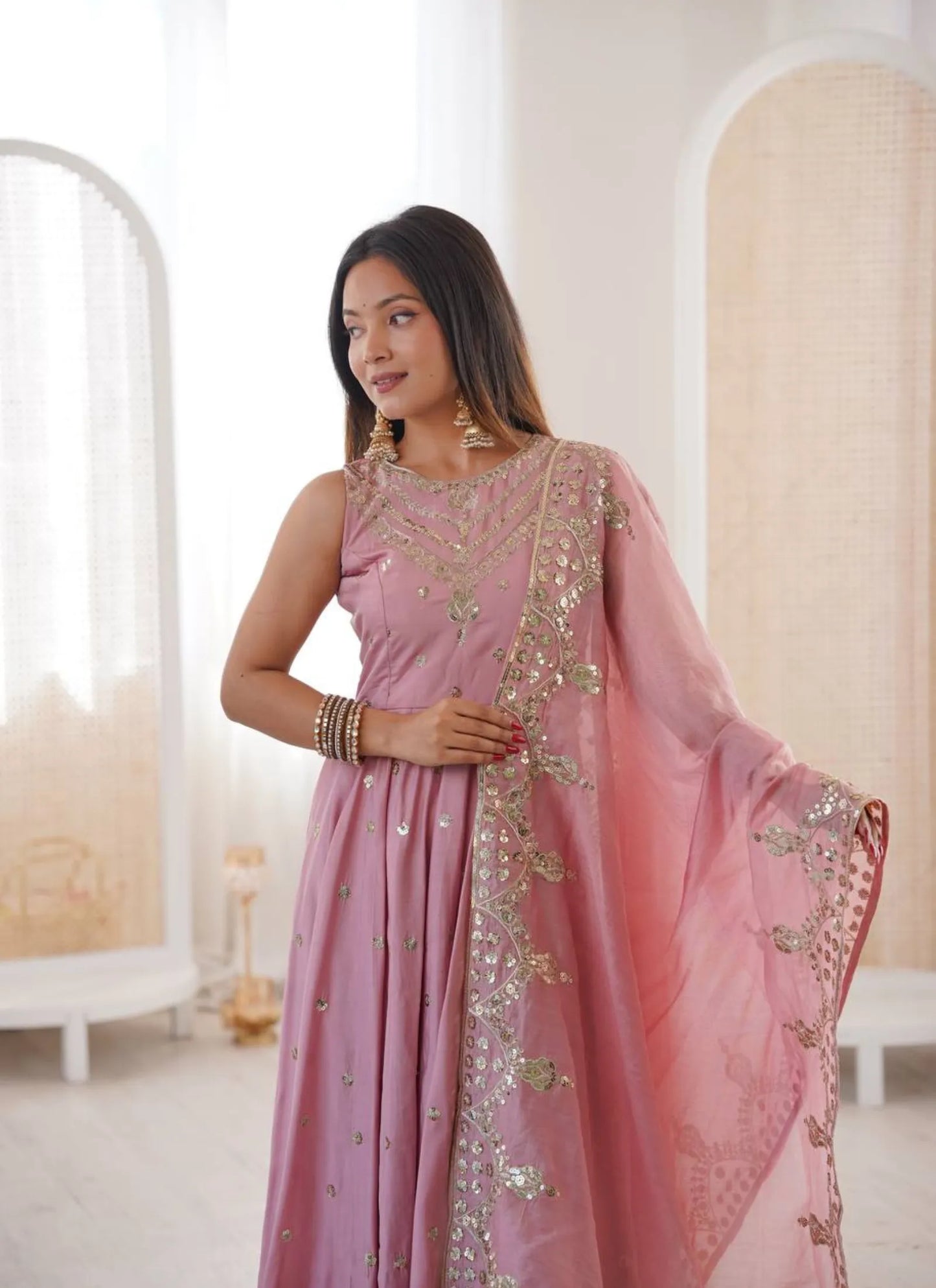 Pink Roman Silk Embroidery Anarkali Suit
