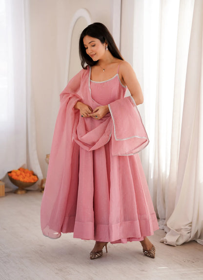 Pink Crunchy Silk Fabrics Fully Flair Anarkali